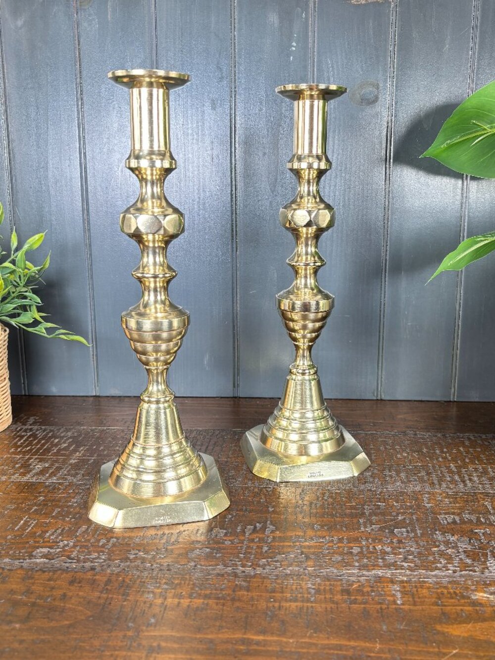 Vintage Pair of Large Solid Brass Candlestick Holders with Push-Up Mechanism